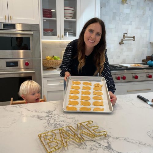 Gemma Stafford baking with her son