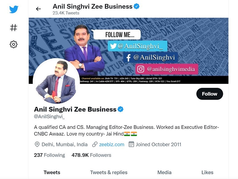 Anil Singhvi Twitter account