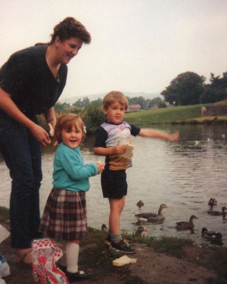Childhood photo of Mark Hampton with his mom Ann Hampton and sister