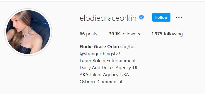 Elodie Grace Orkin's Instagram account