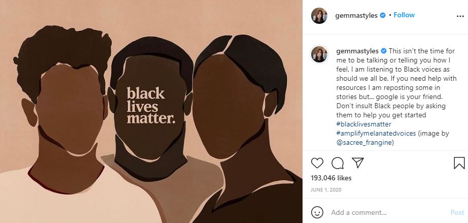 Gemma Styles support Black Lives Matter movement