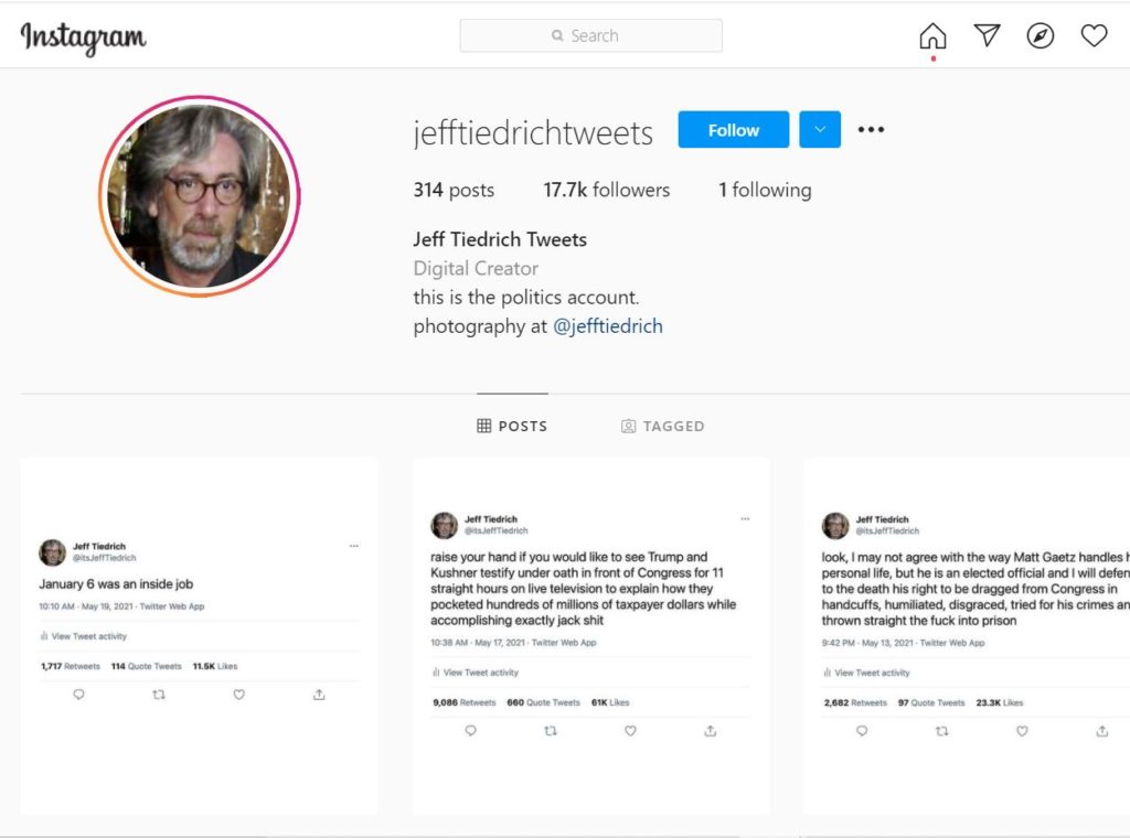 Jeff Tiedrich professional Instagram account