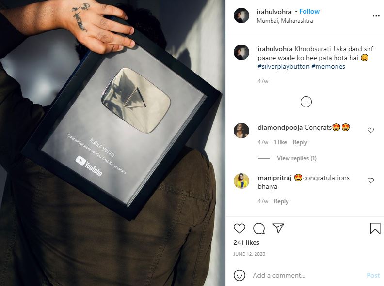 Rahul Vohra grabbed Silver Youtube Playbutton for crossing 100K subscribers