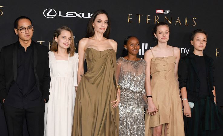 Zahara Jolie-Pitt with her mom and siblings at 2021 Eternals Premiere